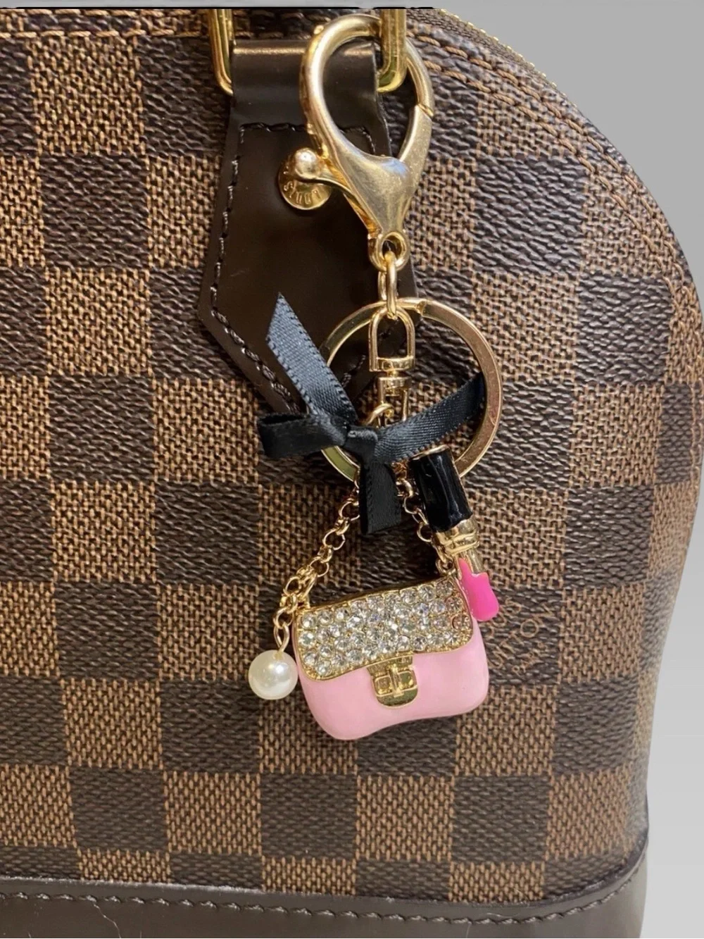 Pink Rhinestone Mini Purse Bag Charm Keychain Black Bow Lipstick Pearl NIP